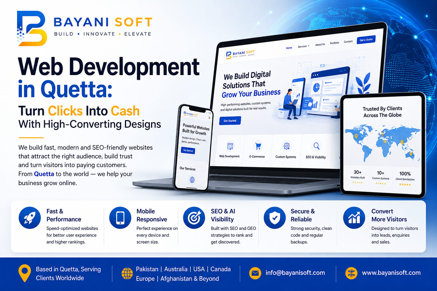Bayani Soft web development services featuring high-converting websites, responsive design, custom systems, SEO visibility, and digital solutions for global businesses.