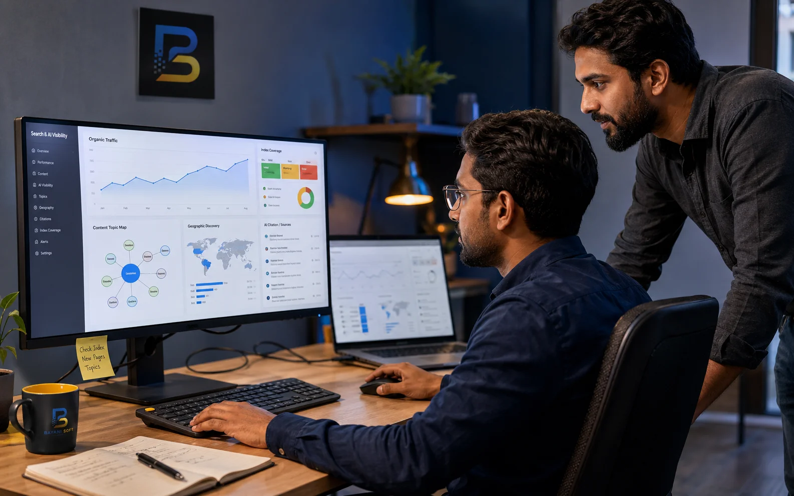 Search and AI visibility dashboard showing technical SEO, content and citation analysis