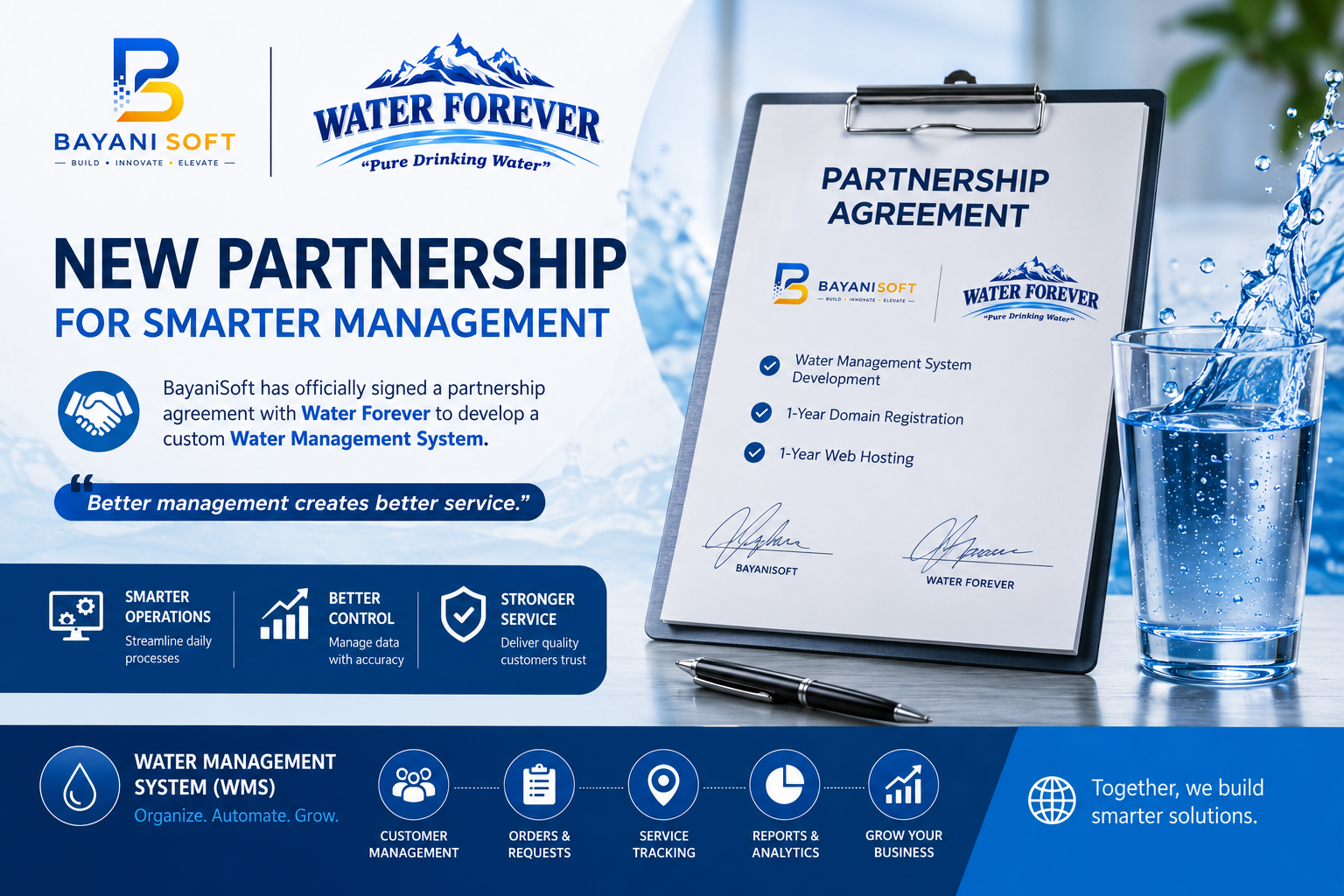 BayaniSoft Water Forever partnership agreement signed for website development, domain registration, and web hosting.
