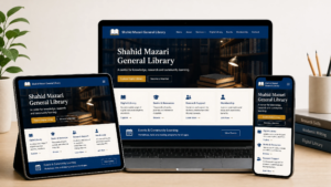 Shahid Mazari General Library website shown responsively on a laptop, tablet, and mobile phone with digital library, membership, events, and research services