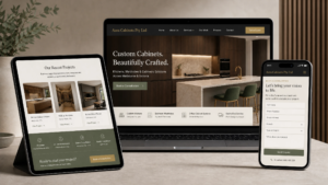 Azra Cabinets PTY LTD website shown on laptop, tablet, and mobile with custom kitchens, wardrobes, 3D design, Melbourne projects, and consultation form
