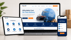 Eliya Logistics website shown on laptop, tablet, and mobile with affordable cost, on-time delivery, logistics services, branches, clients, and contact options