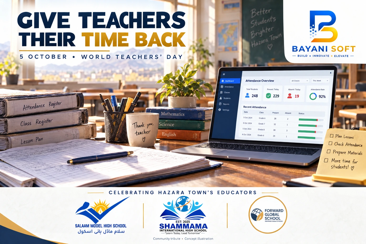 Teachers’ Day illustration featuring school registers, a digital attendance dashboard, Bayani Soft branding and three Hazara Town school logos.