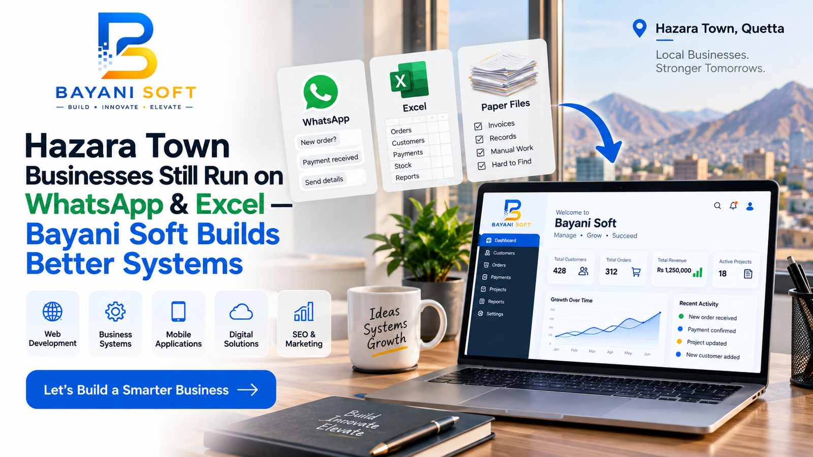 Bayani Soft digital business system replacing WhatsApp, Excel and paper workflows for businesses in Hazara Town, Quetta.