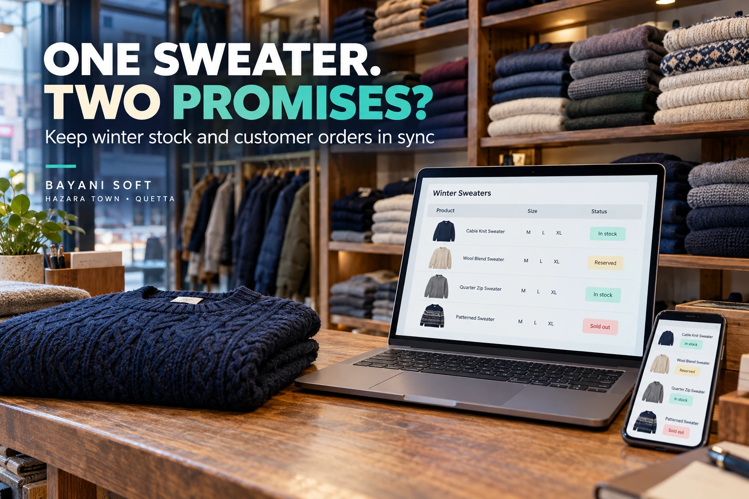 Illustration of winter clothing on shop shelves beside a laptop and phone showing stock availability and reservation statuses.