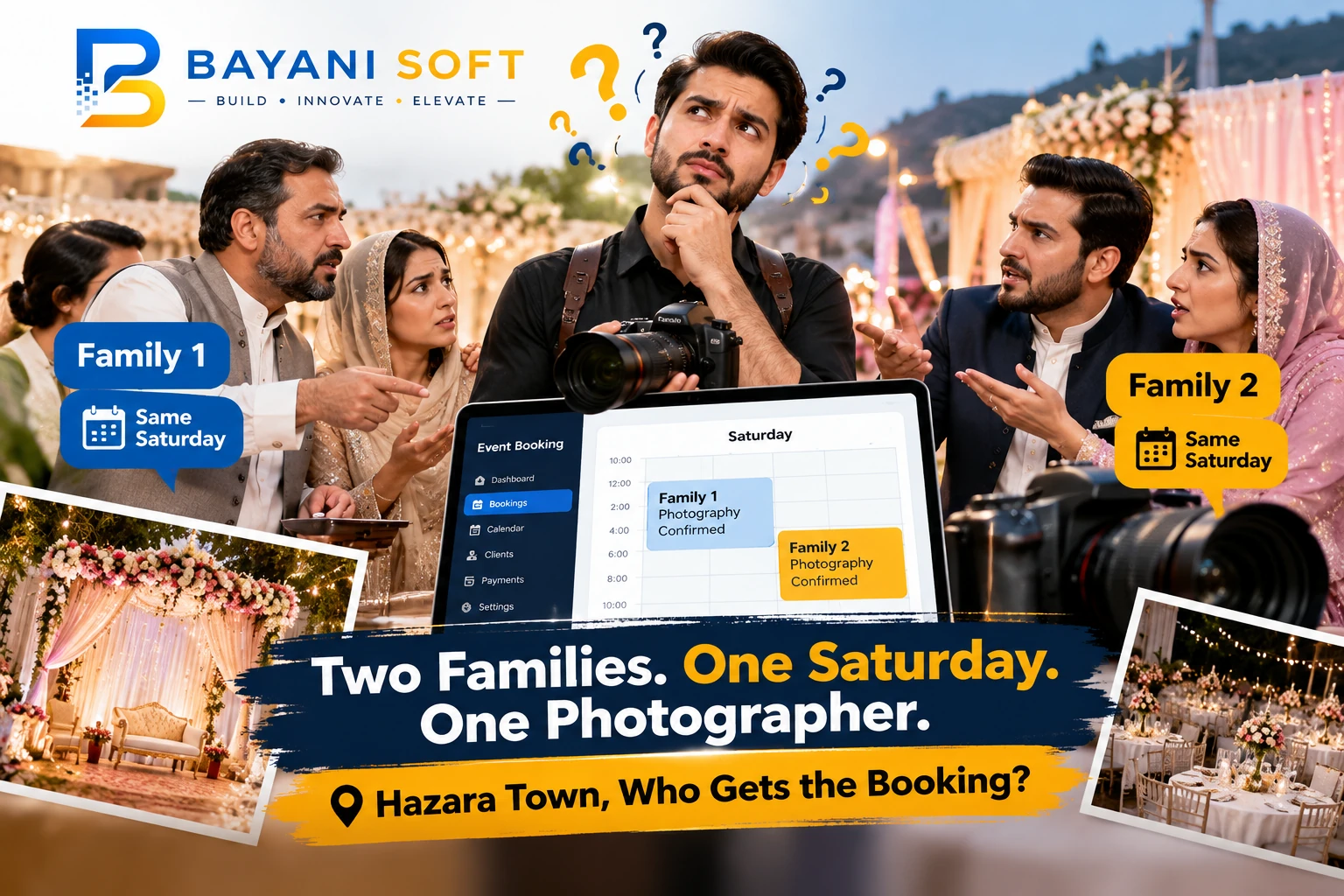 Two families book the same photographer in Hazara Town, highlighting how Bayani Soft's event booking system helps prevent double bookings.